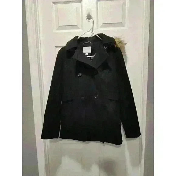 Nautica Women's Faux Fur Trim Hood 60%‎ Wool Black PEACOAT Size Medium EUC - Picture 1 of 13